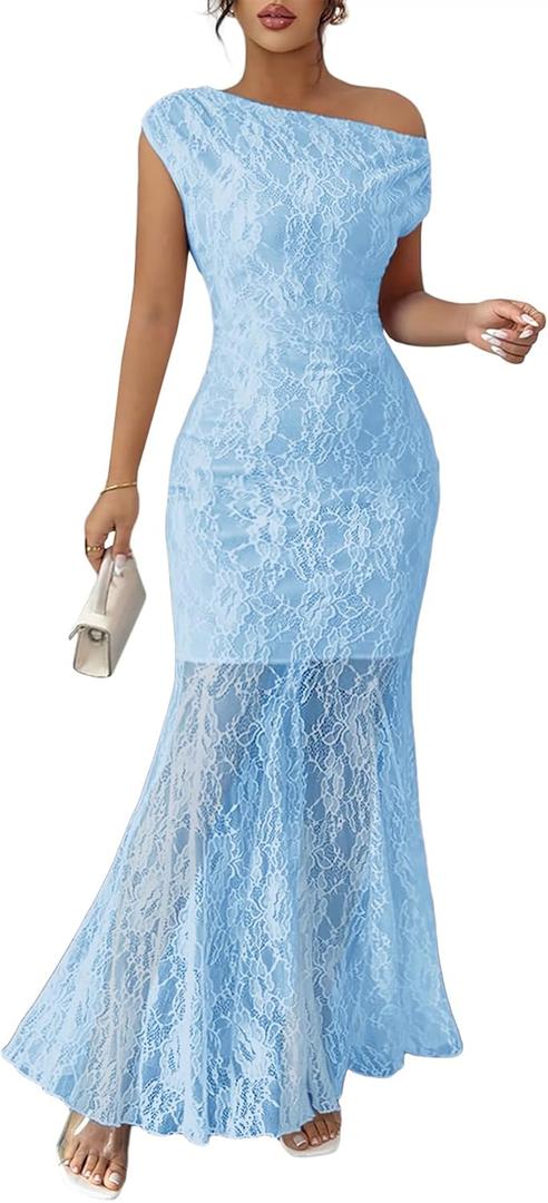 MITILLY Formal 2026 Summer Wedding Guest Dress for Women One Shoulder Bodycon Mesh Cocktail Maxi Dresses, Small, Light Blue