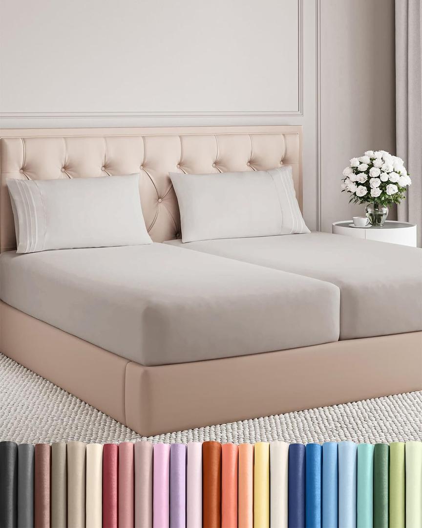 Split King Size 5 Piece Sheet Set - Comfy Breathable & Cooling Sheets - Hotel Luxury Bed Sheets for Women & Men - Deep Pockets, Easy-Fit, Soft & Wrinkle Free Sheets - Light Grey Oeko-Tex Bed Sheet Set