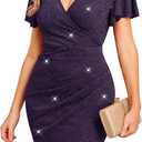 CYCLAMEN 2025 Sparkly Glitter Ruched Bodycon Mini Sexy Dress Sparkle Sequin V Neck Wrap Ruffle Sleeve Dresses Cocktail Party (Purple, L)