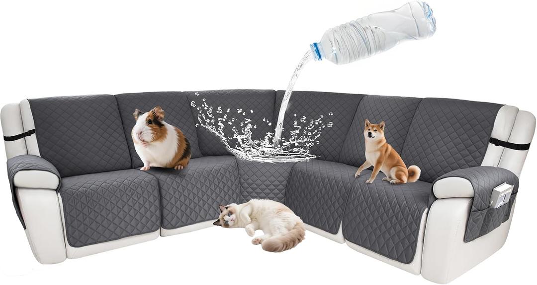 Waterproof Sectional Reclining Couch Covers L Shaped Recliner Sectional Sofa Cover 7 Piece Non Slip Washable Corner Recliner Slipcover Set for Pet Dog (5 Seater Cover, Deep Grey)