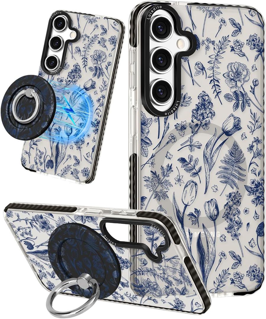 Lotadilo for Samsung Galaxy S24 Plus Case for Women - Girls Cute Design Compatible with Magsafe Magnetic Ring Holder Stand Line Flower Phone Covers Aesthetic Girly TPU Funda for S24 Plus
