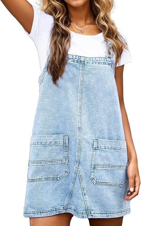 Womens Denim Overalls Dress Casual Summer Jeans Adjustable Strap Short Rompers with Pockets L