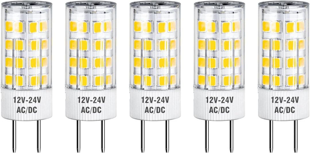 Maelsrlg GY6.35 LED Bulb, 4W(50W Equivalent), 12V-24V AC/DC, Warm White 3000K, 500 Lumens, T4 Type GY6.35 Bi-Pin Base Light Bulbs for Landscape Lighting, Pendant Light, Non-Dimmable, Pack of 5