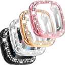 CHANCHY 4 Pack Compatible with Fitbit Versa 4 Screen Protector Case, Soft TPU Full Protective Case Cover Bumper Bling Crystal Diamond Frame for Fitbit Versa 4 Smart Watch, Rose Gold/Pink/Silver/Black