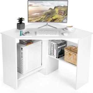 Corner Computer Desk, Space-Saving Triangular Writing Desk w/ 2 Storage Shelves & 2 Cable Holes, Multi-Functional Console Table for Small Space in Home Office, Living Room, Bedroom (White)