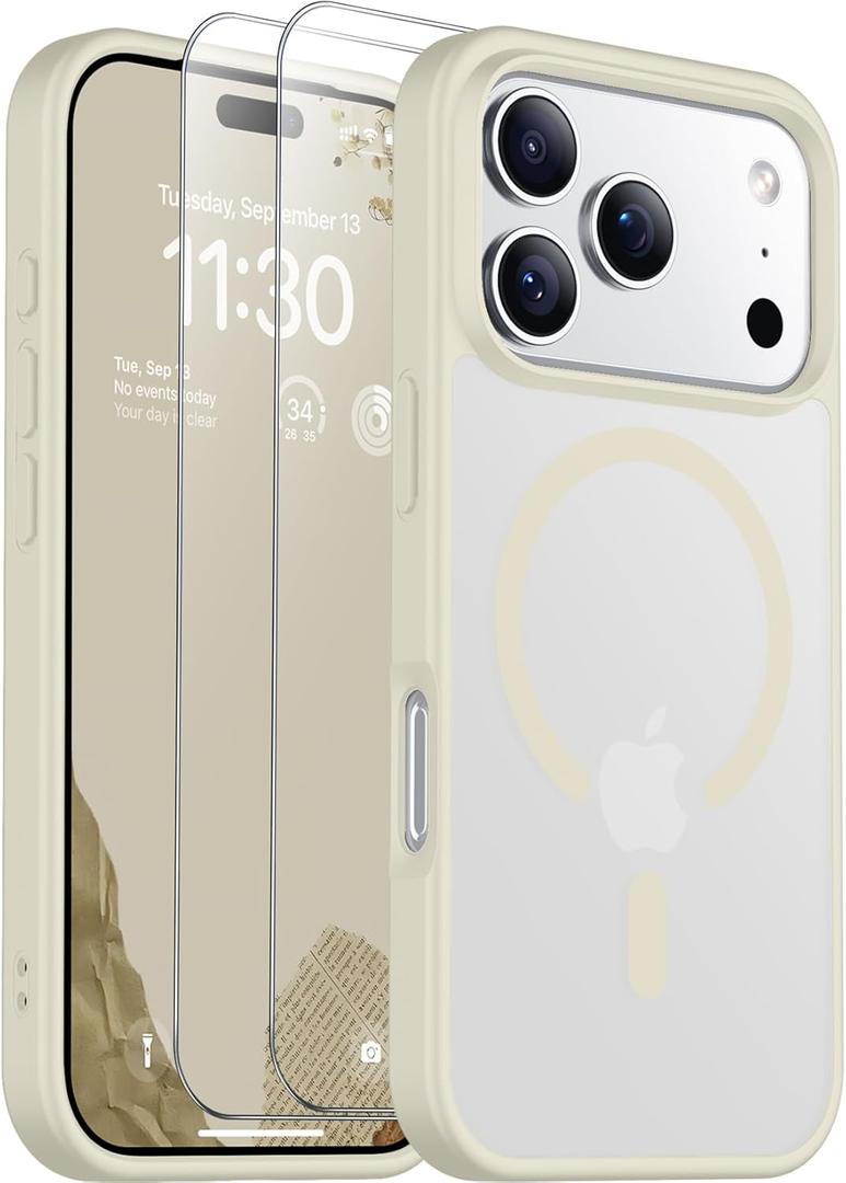 SPIDERCASE for iPhone 17 Pro Max Case, Magnetic Translucent Matte Case with 2PCS Tempered Glass Screen Protector Slim Phone Case for iPhone 17 Pro Max 6.9'', Antique White