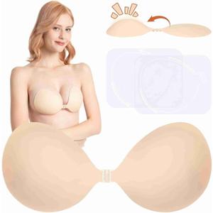 Sticky Bra Push Up Backless Bras Strapless Stick on Bra Invisible Adhesive Bra with Nipple Covers for Women (Nude, D)