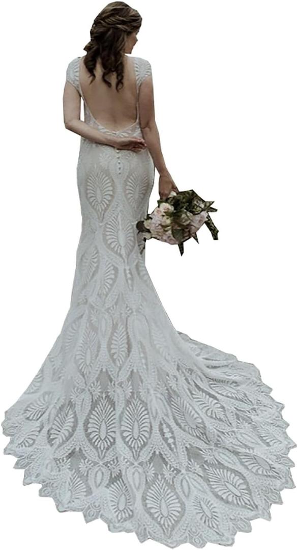 Boho Wedding Dresses for Bride 2023 Vintage Lace Beach Bridal Gowns Mermaid Backless Bride Dresses (4, Ivory)