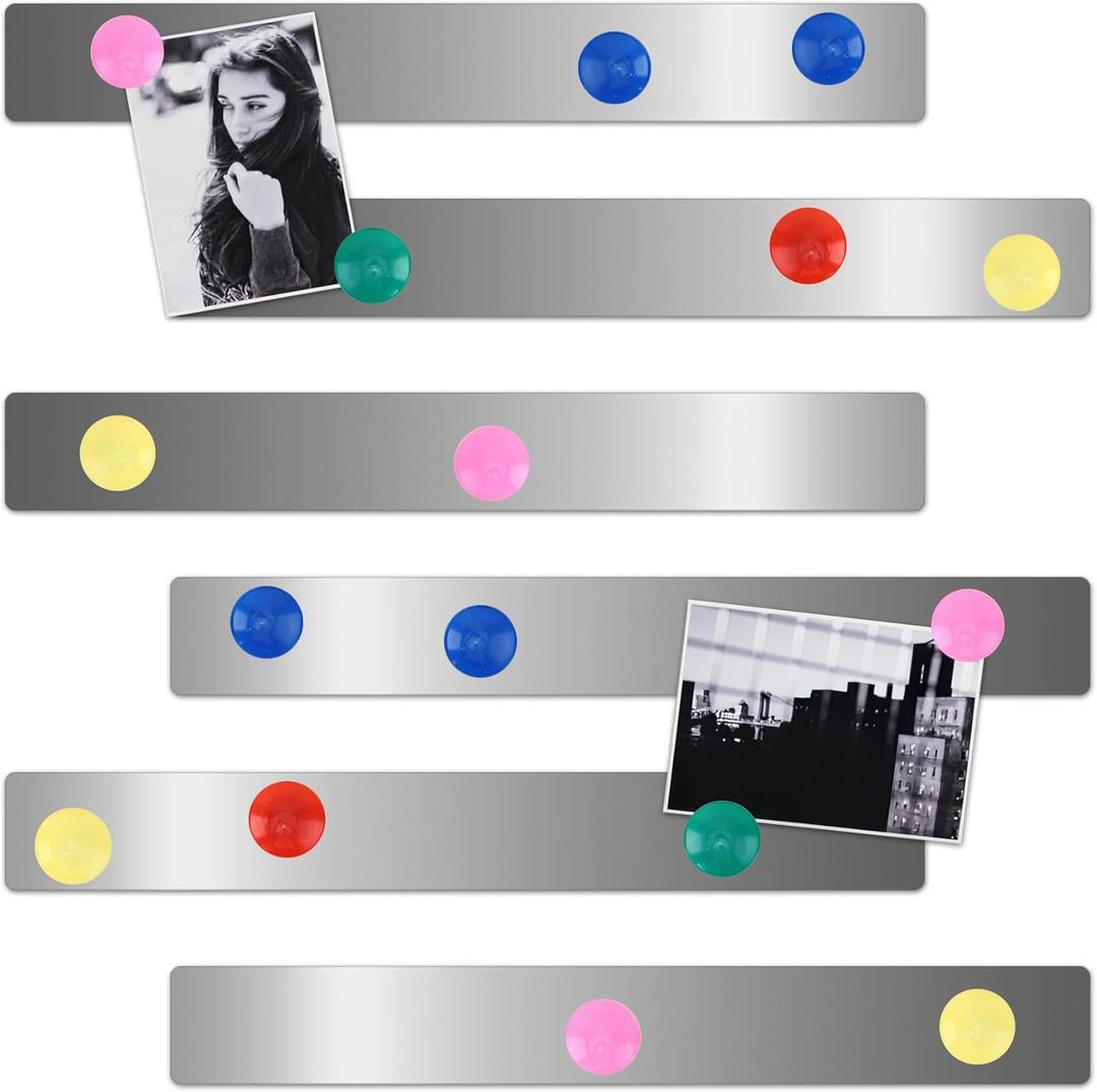 Self-Adhesive Frameless Magnetic Strips, 6pcs - 15''L x 1.97''W Ferrous Bulletin Memo Board Tape with 48pcs Magnets for Fridge, Whiteboard, Office