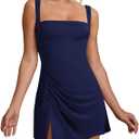 WISFRUIT Women's Sexy Square Neck Mini Dress Sleeveless Bodycon Ruched Split Party Club Short Tank Dresses, Size:2XL