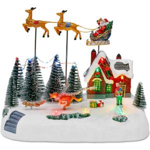 innodept12 Animated Christmas Village with Santa Sleigh and Reindeer, LED Lighted House Village with Moving Figurines, Musical Indoor Christmas Decoration, Holiday Collectible Display Scene