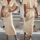 Womens Plunge Twist Dress Batwing Sleeve Midi Casual Dress for Daily Date Party Cocktail Outings (Large, Khaki)