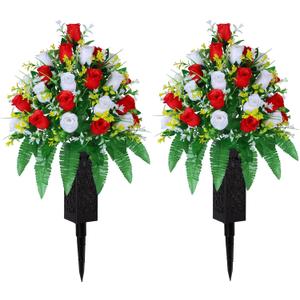 LVXINLI Artificial Cemetery Flowers, Gravesite Decoration Roses, Memorial Bouquets with Cemetery Vase, Vibrant and Long-Lasting Colors (Red + White, 2 Bundles)