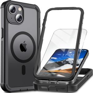 Magnetic for iPhone 15 Case,[Screen Protector] [Compatible with MagSafe][Military Grade Drop Protection][Heavy Duty Protection][Shockproof] 2-Layer Durable Bumper Phone Case 6.1"-Black