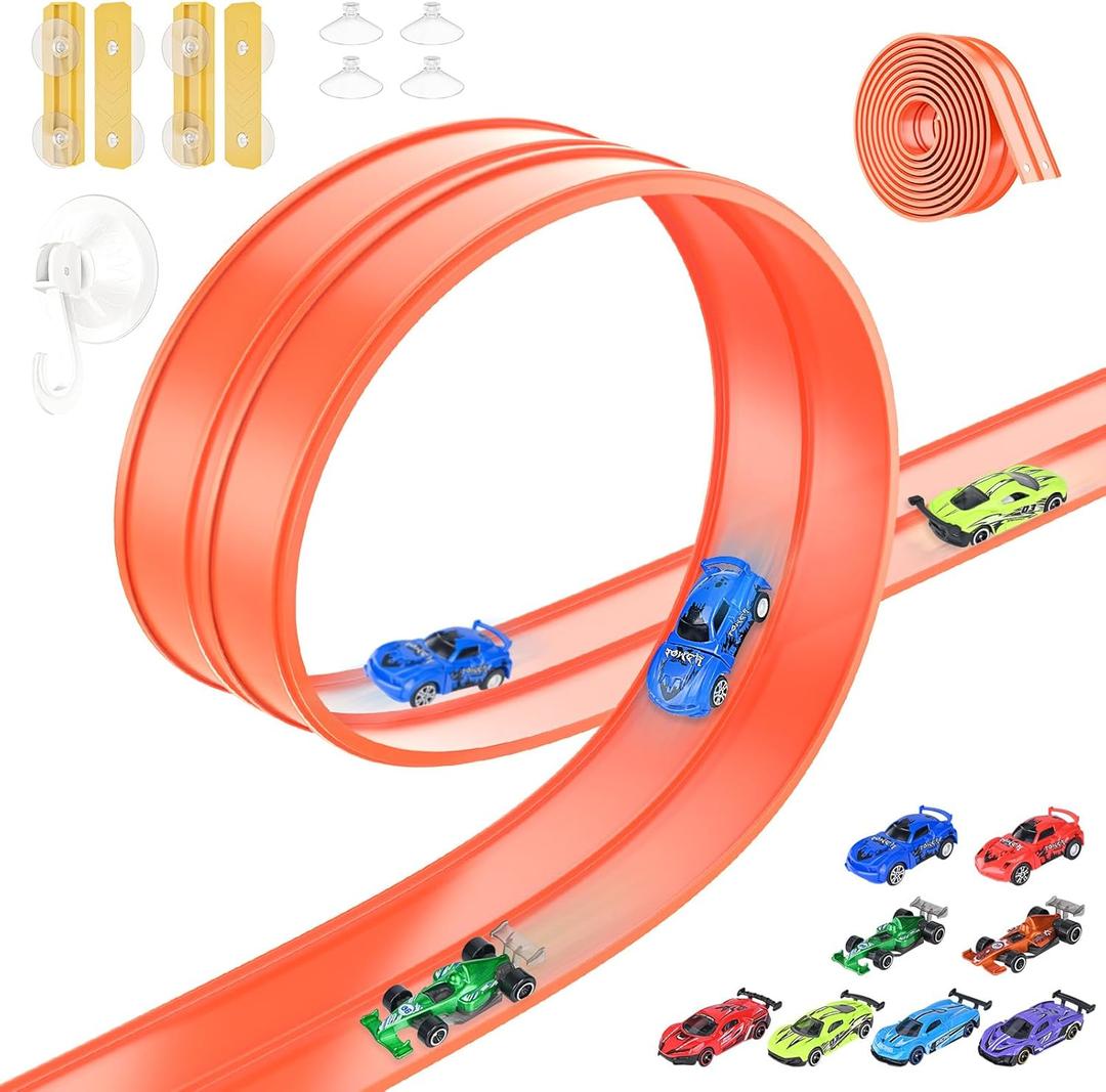 Flexible Race Car Track for Kids, Compatible with Hot Wheels and 8 Diecast 1/64th Cars, Flex Track 15 Ft Starter Set for Ages 3 4 5 6 7 8, Christmas & Birthday Gift for Boys and Girls (Orange)