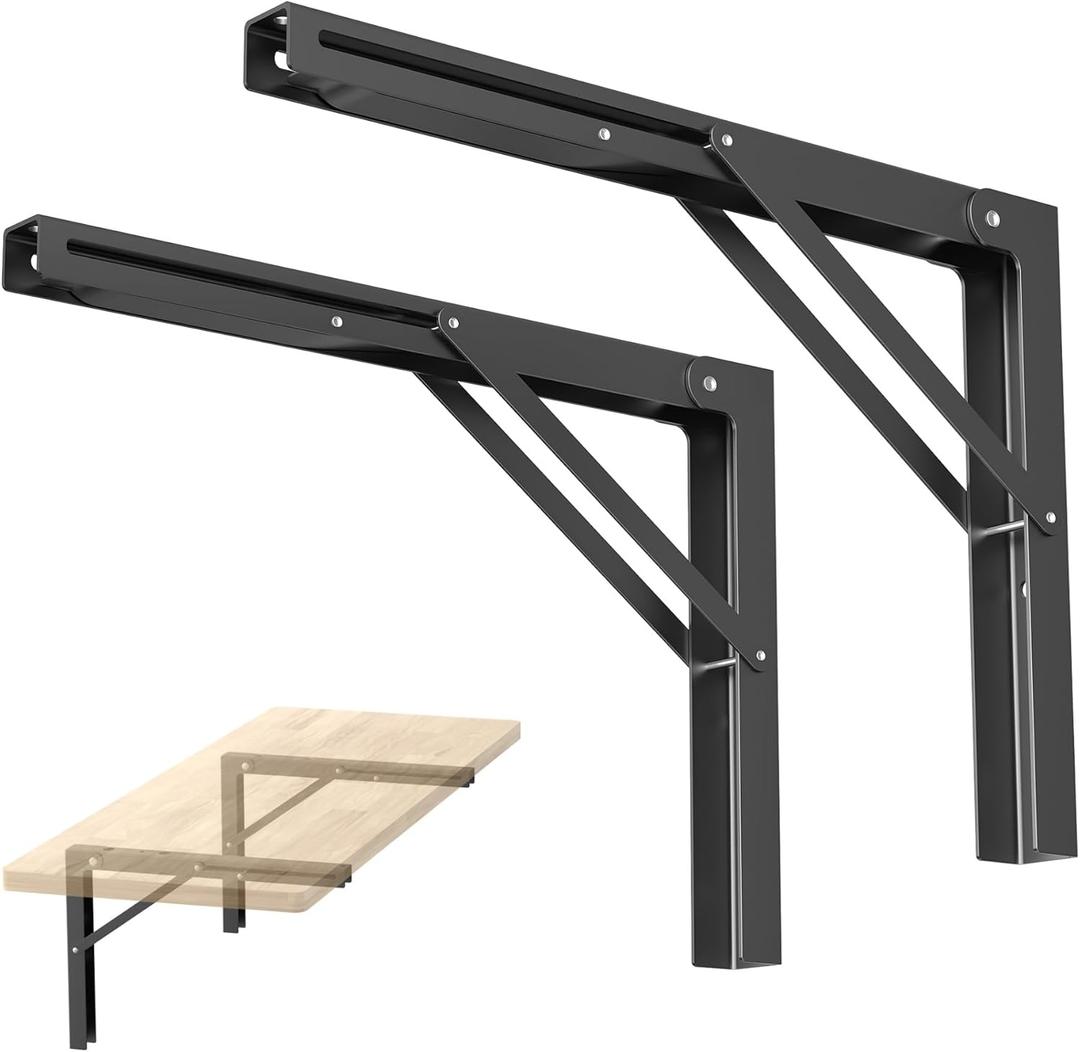 WALMANN 16 inch Folding Wall Shelf Brackets, Wall-Mounted Collapsible Brackets for Workbench/Table, 150 lbs Capacity, Space-Saving Hinges for Garage, Kitchen, Laundry(No Board)