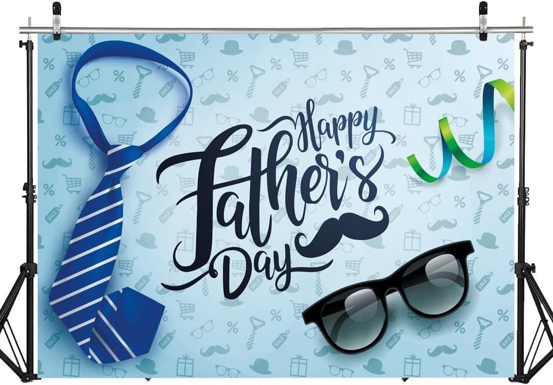 7X5FT Happy Father's Day Backdrop Necktie and Glasses Blue Backdrops Photo Studio Prop Backdrop Father's Day Party Supplies Decorations Banner Photography Background DH-404