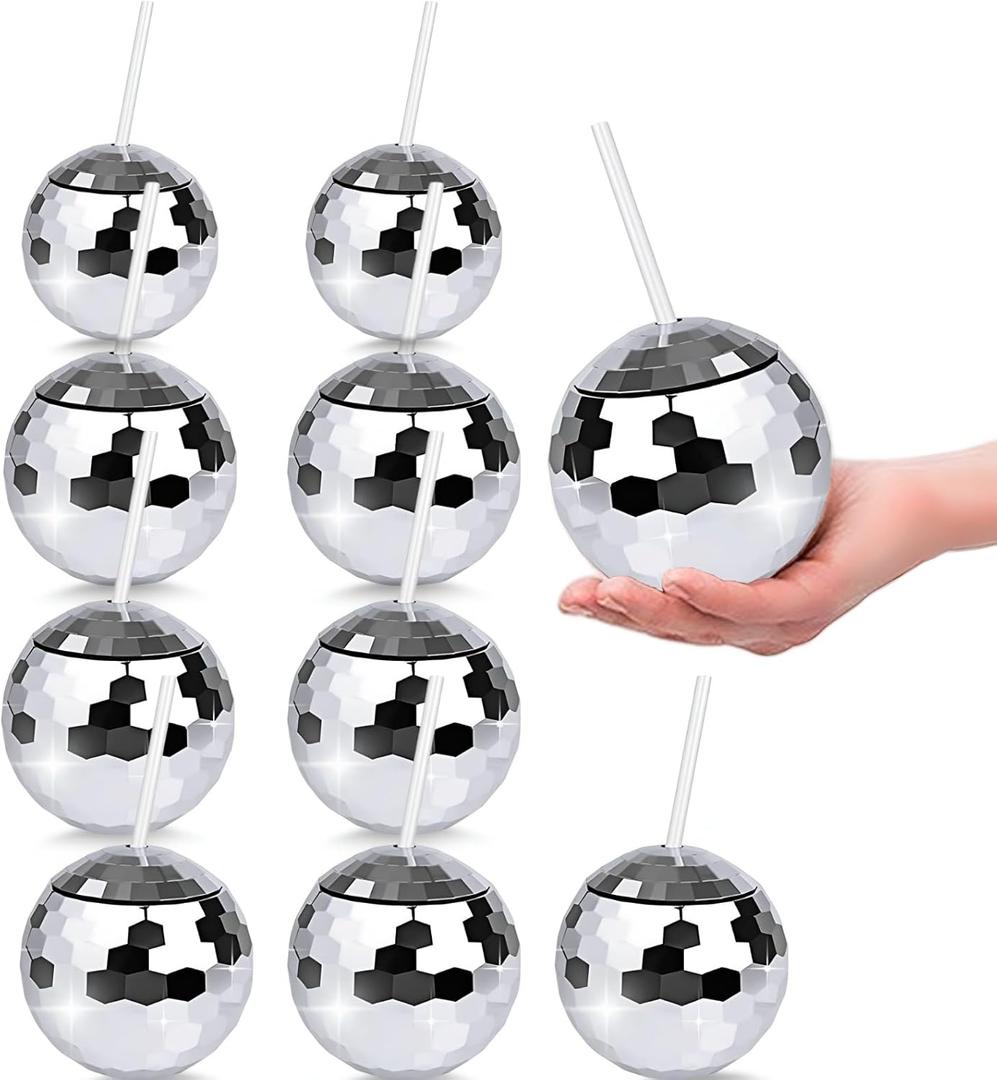 9 Pcs Disco Ball Cups with Lid and Straw Silver Spherical Cocktail Tumblers, Reusable Disco Glasses for Bar, Party, Tea, and Drink Supplies