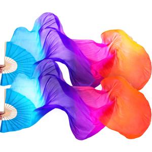 Jetec 1 Pair (left + Right) Women Belly Dance Fan Veil Colorful Long Folding Bamboo Fan Imitation Silk Streamers 180 x 90 cm (Blue, Purple, Orange)