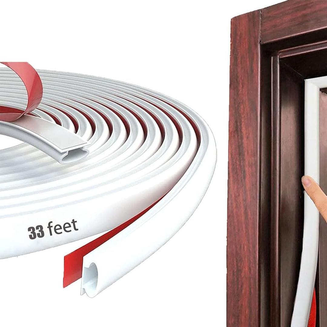 White Rubber Weather Stripping Door Seal Strip, D Shape Door Rubber Weather Seal Strip, SelfAdhesive Door Weatherstripping Soundproofing Door Sealing Strip for Windows (33 feet, White)