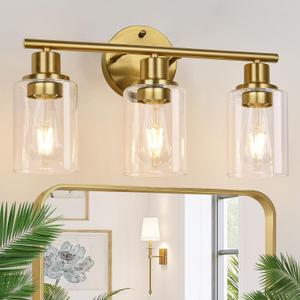 3-Light Gold Bathroom Light Fixtures, Modern Bathroom Vanity Light with Clear Glass Shade, Brushed Gold Bath Wall Mount Lights, Wall Lamp for Mirror Kitchen Bedroom Hallway Living Room Hallway