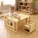 Montessori Weaning Table and 2 Chairs Set, Plywood Children’s Play Table for Home, Preschool, Daycare, Easy to Clean,Natural, 19.69 x 27.56 x 15.75 inches