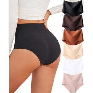 FINETOO Seamless Underwear for Women High Waisted Womens Underwear Cheeky Bikini No Show Briefs Ladies Panties 6 Pack (Medium, 6 Pack(Black*1 Brown*1 Orange*1 Nude*1 White*1 Light Khaki*1))