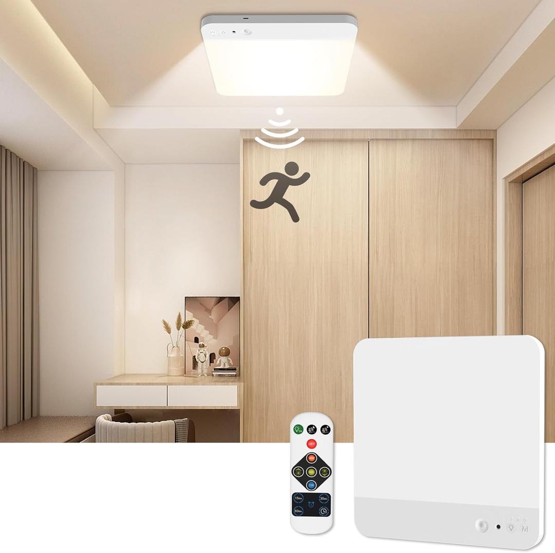 TOOWELL Rechargeable Closet Lights Motion Sensored - Magnetic Battery Operated Ceiling Lights with Remote, Wireless Sensor Ceiling Light Indoor for Shower Bathroom Pantry Stairs Hallway (1P)