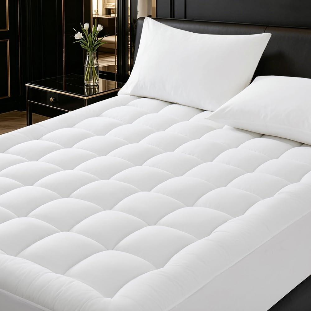 Quilted Mattress Pad Pillow Top Mattress Cover Protector Cooling Soft for Breathable Padded Fitted 8"-21" Deep Pocket Supportive(White,Queen Size)