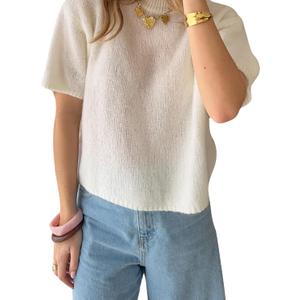 RUEWEY Women Y2k Short Sleeve Sweater Lightweight Crew Neck Pullover Knit Tee Tops Solid Color Shirt Top Blouse (S)