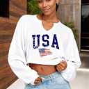 Women's USA Flag Sweatshirts Long Sleeve Crop Graphic Sweatshirts Cute V Neck Shirts Tops(White1,XL) (White, XL)