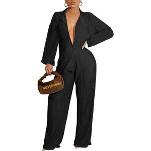 Ekaliy Women's 2 Piece Casual Pleated Outfits Short Sleeve Button Down Shirt High Waist Wide Leg Trouser Sets Suit, L