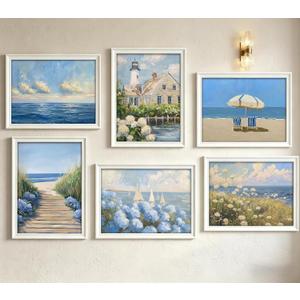 DULASI 6 Panel Coastal Hydrangea Wall Art Blue Floral Beach Scene Canvas Prints Wall Decor Nautical Lighthouse Ocean Painting Pictures for Living Room Bedroom Home Decoration 12x16 Inch Unframed, 12x16in poster