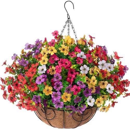 HyeFlora Artificial Faux Hanging Plants Flowers Basket for Summer Outdoor Outside Decoration, Fake Silk UV Sun Resistant Look Real Colorful Daisy Eucalyptus for Porch Home Patio Balcony Yard