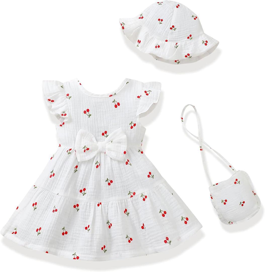 Renotemy Infant Baby Girl Summer Dress Ruffle Flutter Sleeve Bowknot Sundress Gifts Casual Clothes Outfits with Hat and Bag