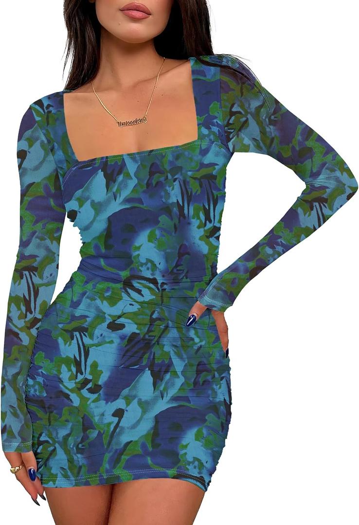 Prinbara Womens Mesh Long Sleeve Square Neck Ruched Mini Dress Sexy Bodycon Elegant Cocktail Evening Club Party Short Dresses (Blue, M)