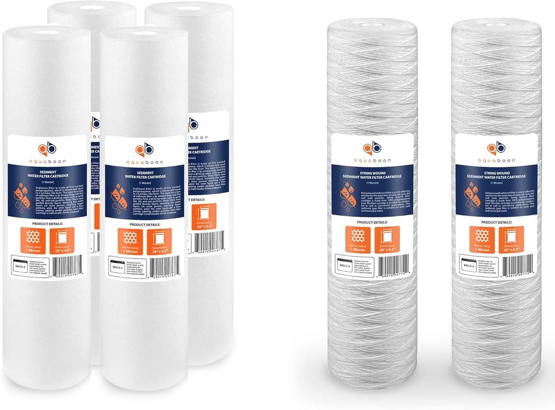 Aquaboon 4-Pack of 1 Micron 20" x 4.5" Sediment Water Filter Replacement Cartridge & Aquaboon 2-Pack String Wound Sediment Water Filter Cartridge | Universal Whole House 1 Micron 20 inch Cartridges