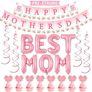 Happy Mother's Day Decorations, Happy Mothers Day Banner With Best Mom Balloons, Hanging Swirls, Happy Mothers Day Decor for Women Decoration, Pink