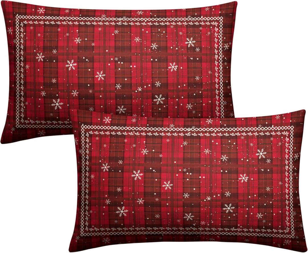 Christmas Checkered Lumbar Pillow Covers Red Black Xmas Buffalo Plaid Throw Pillow Covers 12x20 Set of 2 Winter Tartan Snowflakes Rectangular Pillow Case for Home Decor Couch Sofa