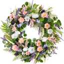 Summer Wreath 22-inch Faux White Morning Glory Pink Flower Green Leaf Wreath Front Door Porch Patio Decoration Wreaths Wedding Birthday Party Holiday Wreaths