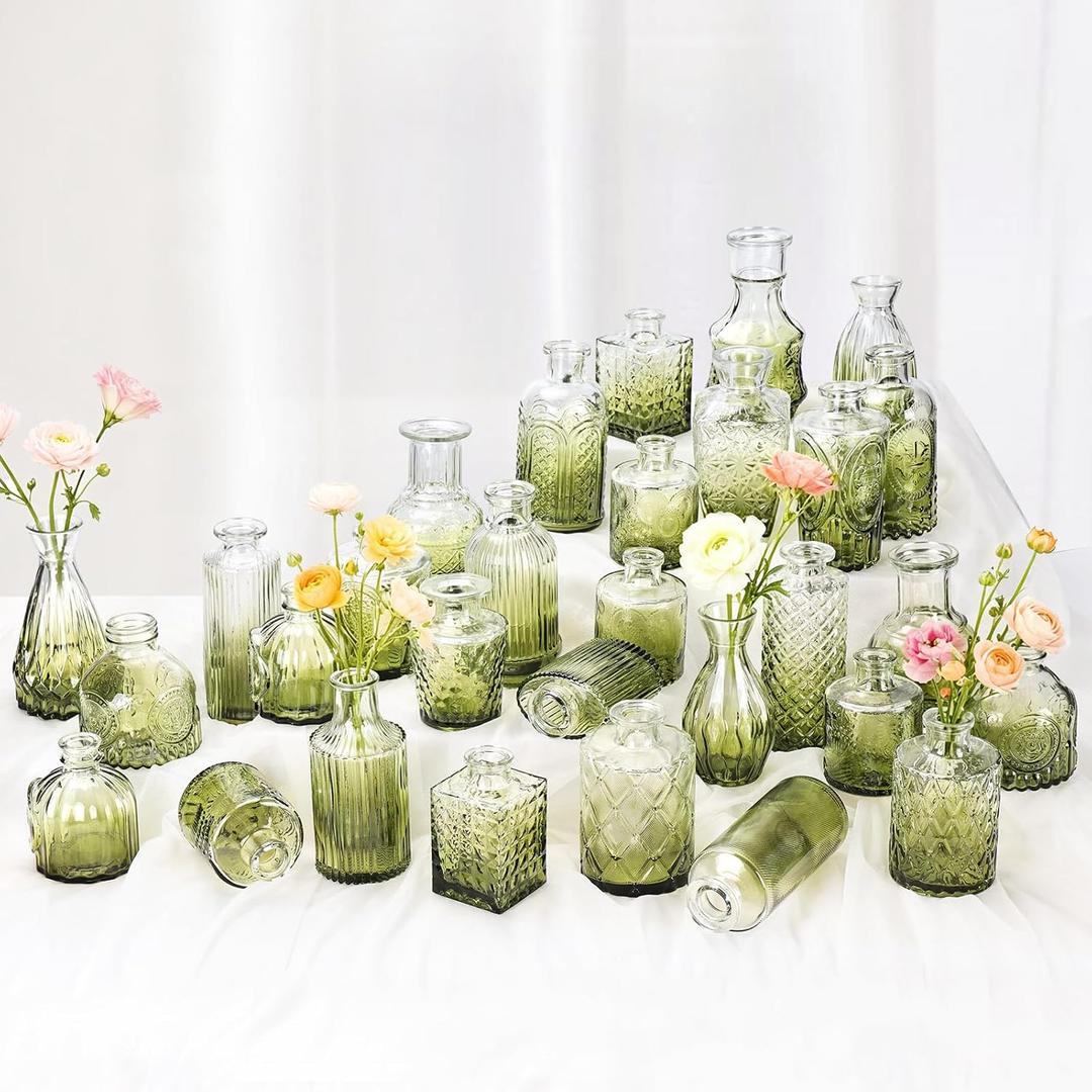 Babenest 30pcs Green Small Bud Vase Set, Mini Gradient Glass Flower Vases in Bulk, Decorations Vintage Little Vase for Rustic Wedding Party Home Office Recepetion Centerpieces Table Decor