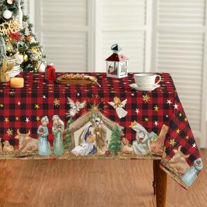 Horaldaily Christmas Tablecloth 6060 Inch, Holy Nativity Red Buffalo Plaid Washable Table Cover for Party Picnic Dinner Decor (60" x 60" (Square))