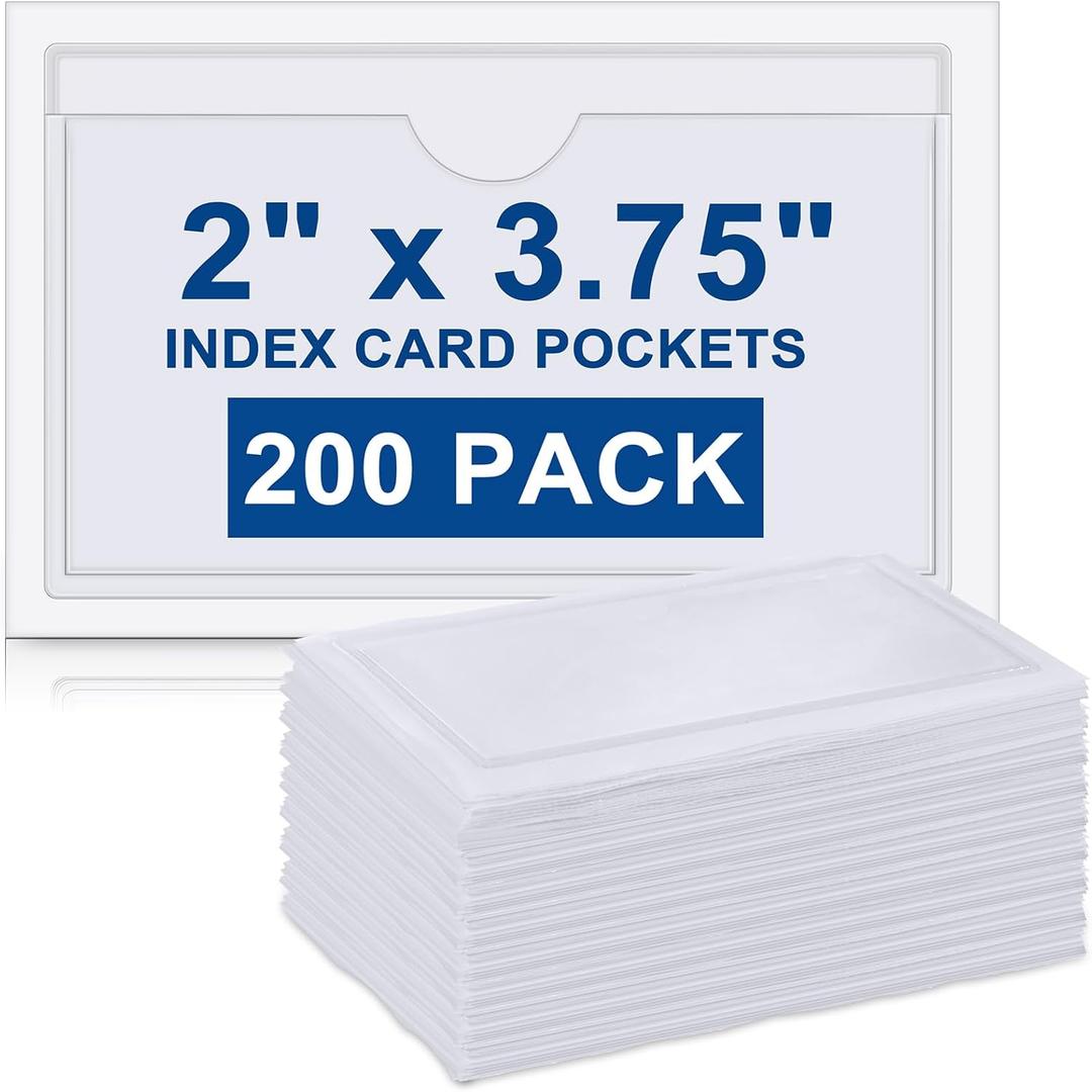 Outus 200 Pack 2.48 x 4.06 Inch Self Adhesive Label Pockets Bulk Plastic Labels Holders for Storage Bins Clear Classroom Nameplate Sleeves Index Card Tote Photos Waterproof Protect Office