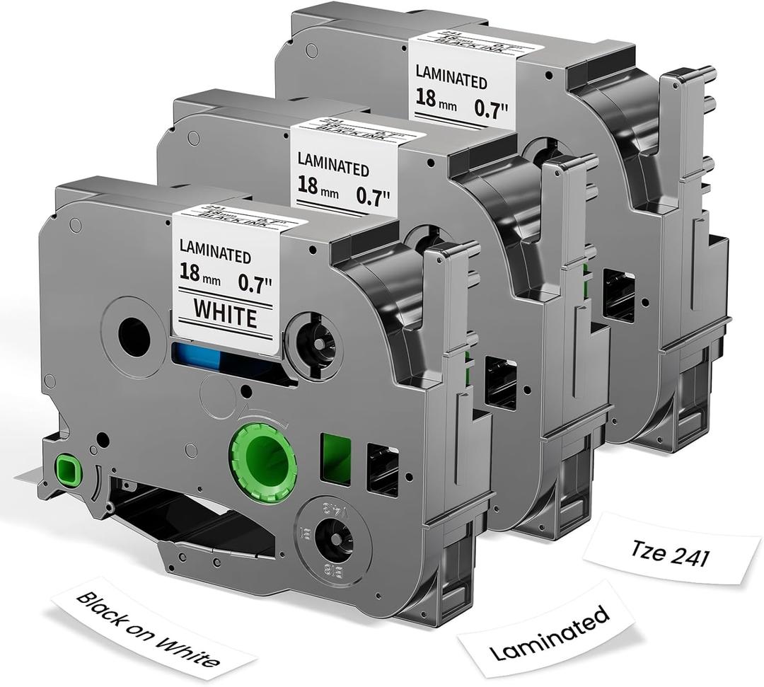 Label KINGDOM 18mm 0.7 Inch Laminated White Tape Replace for Brother Label Maker Tape TZe-241 Compatible with P Touch TZ TZe 3/4" Black on White TZE241 for PTD410 PT-D400 PT-D610BT PTD600, 3-Pack
