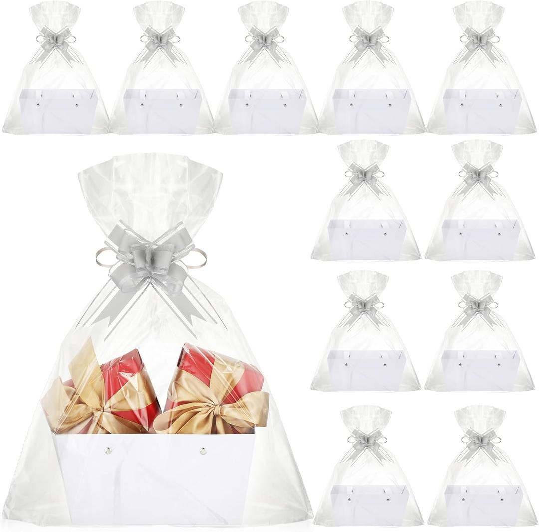 Colarr 12 Pcs Basket for Gift Empty DIY Bulk Kraft Gift Basket Kit with Handle 12 Wrapping Bag 12 Bow Market Tray for Wedding Mother's Day Bridal Shower Graduation Birthday Party Favor(White)