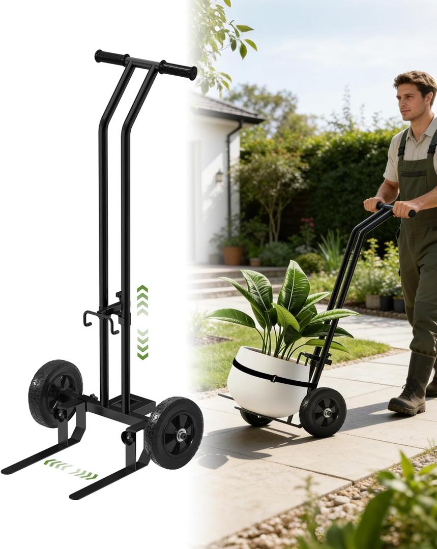 Plant Caddy with Wheels, 200 Lbs Capacity Plant Dolly Cart with Wheels, Handle, Cups, Adjustable Forks and Grips, Potted Plant Mover with Strap for Home, Courtyard, Flower Shop, Offices, Hotels, Black