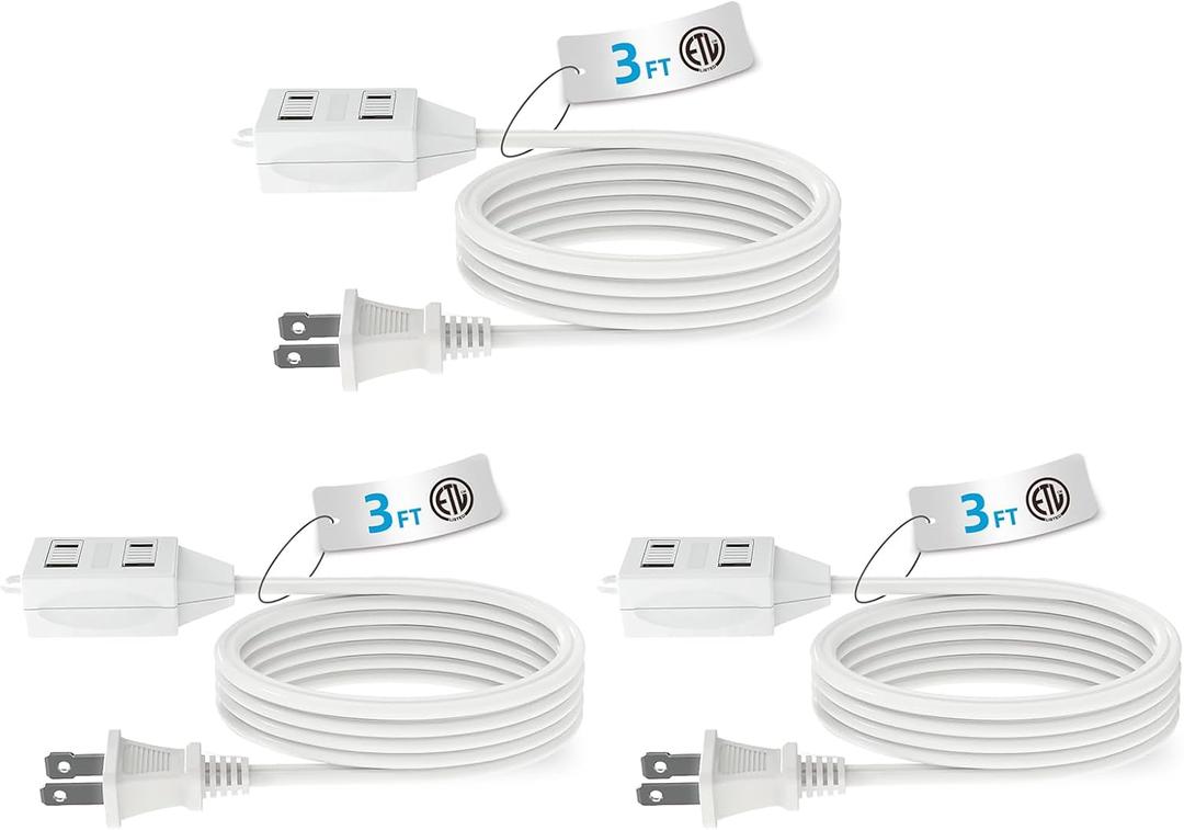 9 x TiFFCOFiO Indoor Extension Cord, 2 Prong 3 Feet Extension Cord, 3 Polarized Outlets with Safety Slide Windows,13A/1625W, 16 AWG, 3 Packs