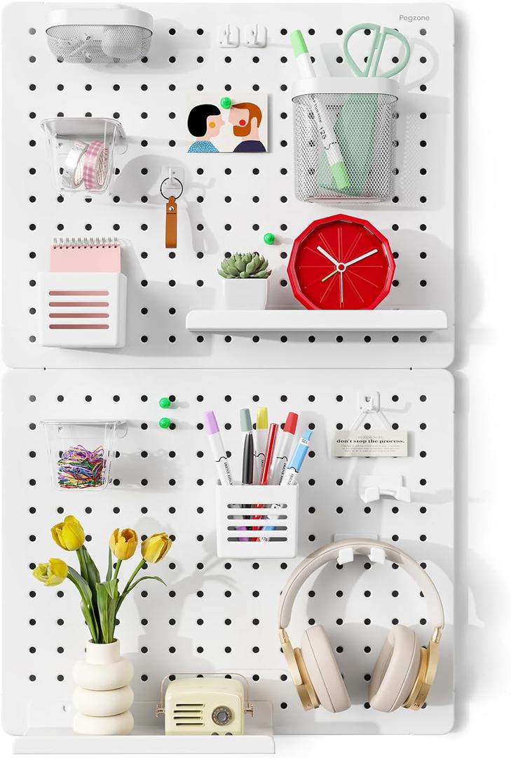 Pegboard Wall Organizer Combination Kit,Overall 33.1"x20.5" Metal Office Pegboard with 19 Accessories, Wall Mounted Peg board Display Panels for Home, Gaming Room, Garage (2Pcs,White)
