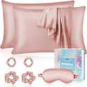 Satin Pillowcase Gift Set with Silk Satin Sleep Mask 4 Scrunchies, 2Pack Standard Size Pillow Cases Luxury Sleeping for Women Wife Birthday Valentines Day Gifts for Her Girlfriend (Pink Champagne)