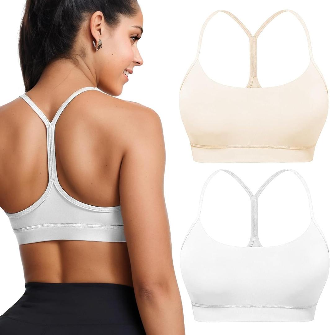 Buauty 2 Packs Y Back Sports Bra for Women, Low Impact Padded Racerback Spaghetti Strap Bras, Workout Yoga Tops (Small, 2p-white+beige)